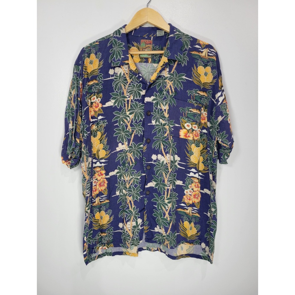 Pineapple Connection Mens XL Tropical Hawaiian Shirt Navy Rayon Palm Pineapple